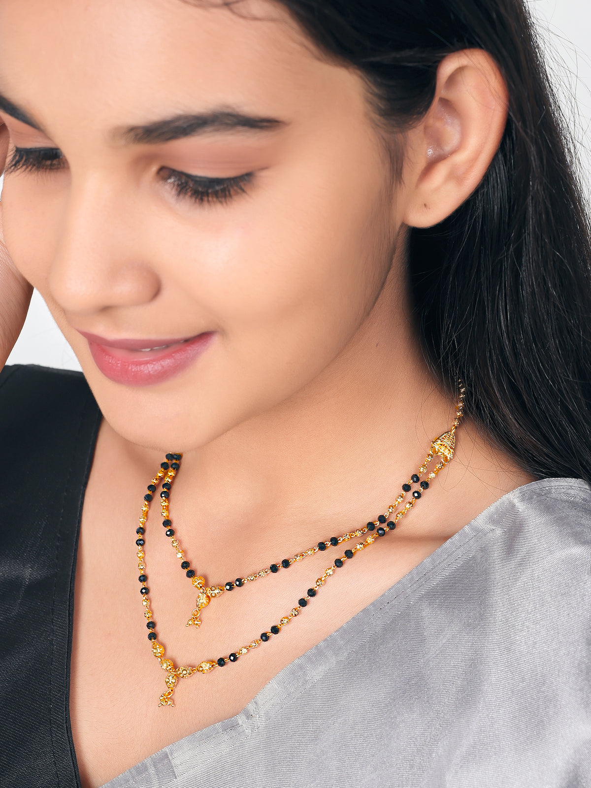JHB Gold Plated Bead and Black Bead Layer Mangalsutra Multi-String Necklace for Women