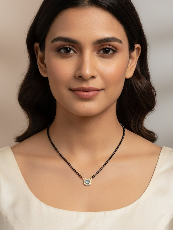 JHB American Diamond Pendant With Black Beads Chain Short Mangalsutra For Womens