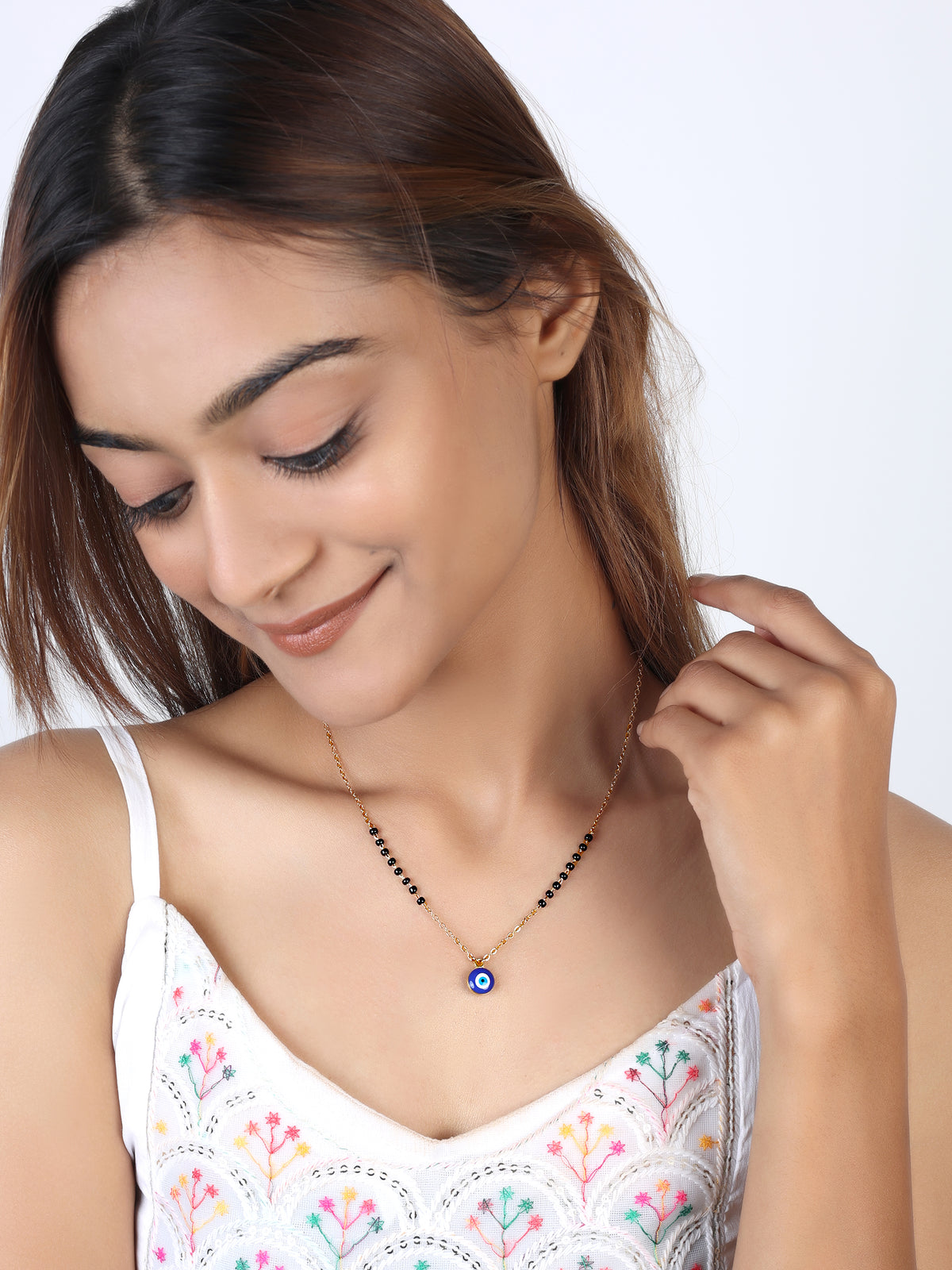JHB Gold Plated Black Bead And Evil Eye Stone Mangalsutra For Women