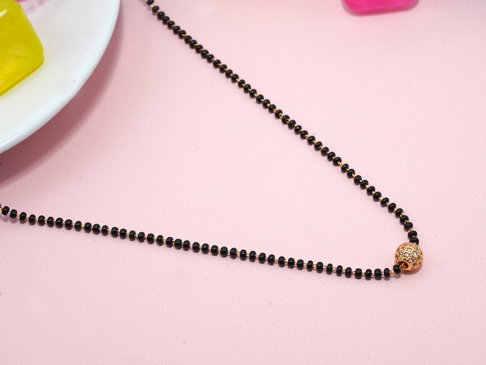 JHB Single Diamond Boll Pendant With Black Beads Chain Short Mangalsutra For Women's