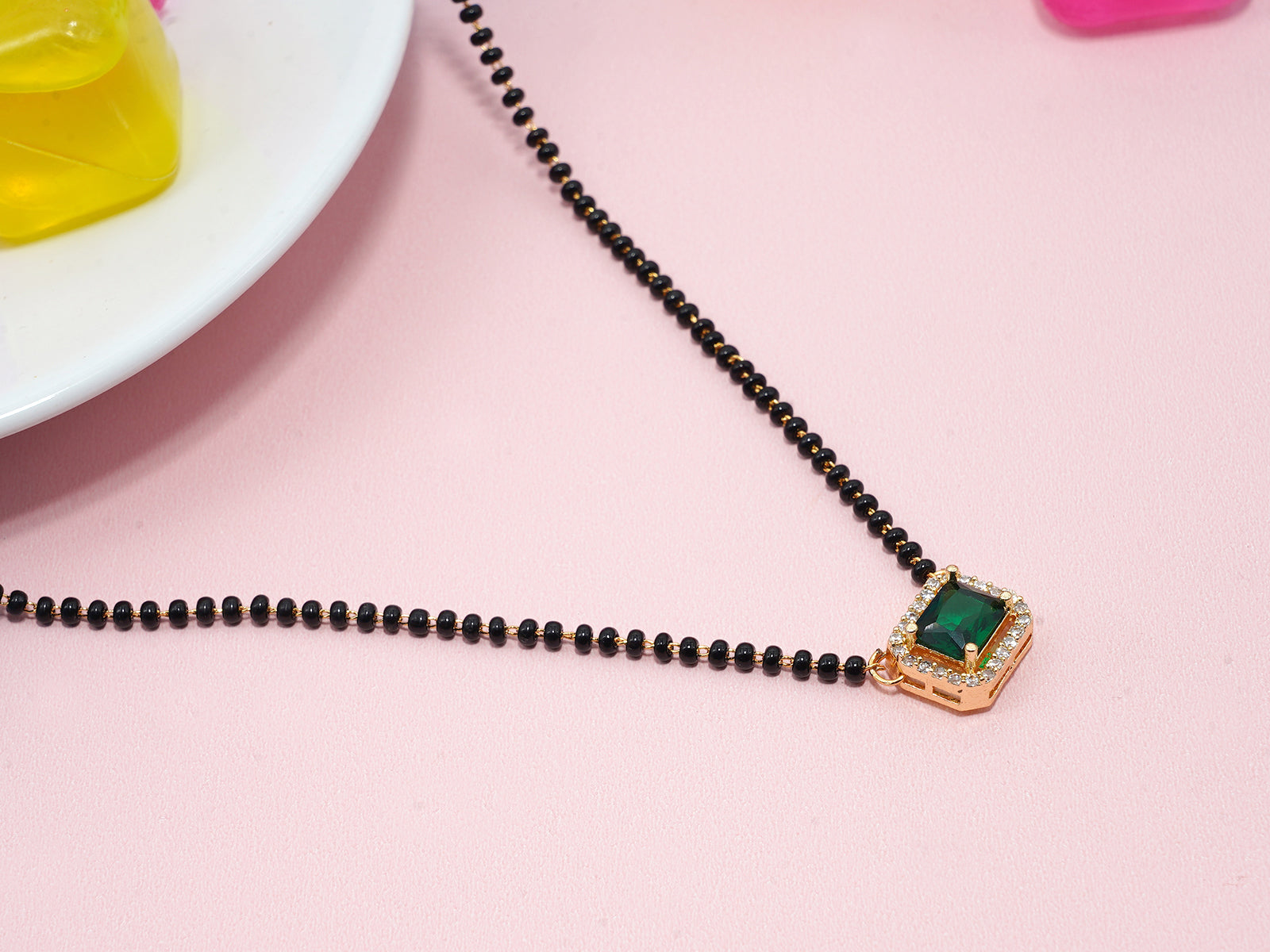 JHB Diamond Mangalsutra With Chain short Length green stone Traditional Black Bead Mangalsutra for women