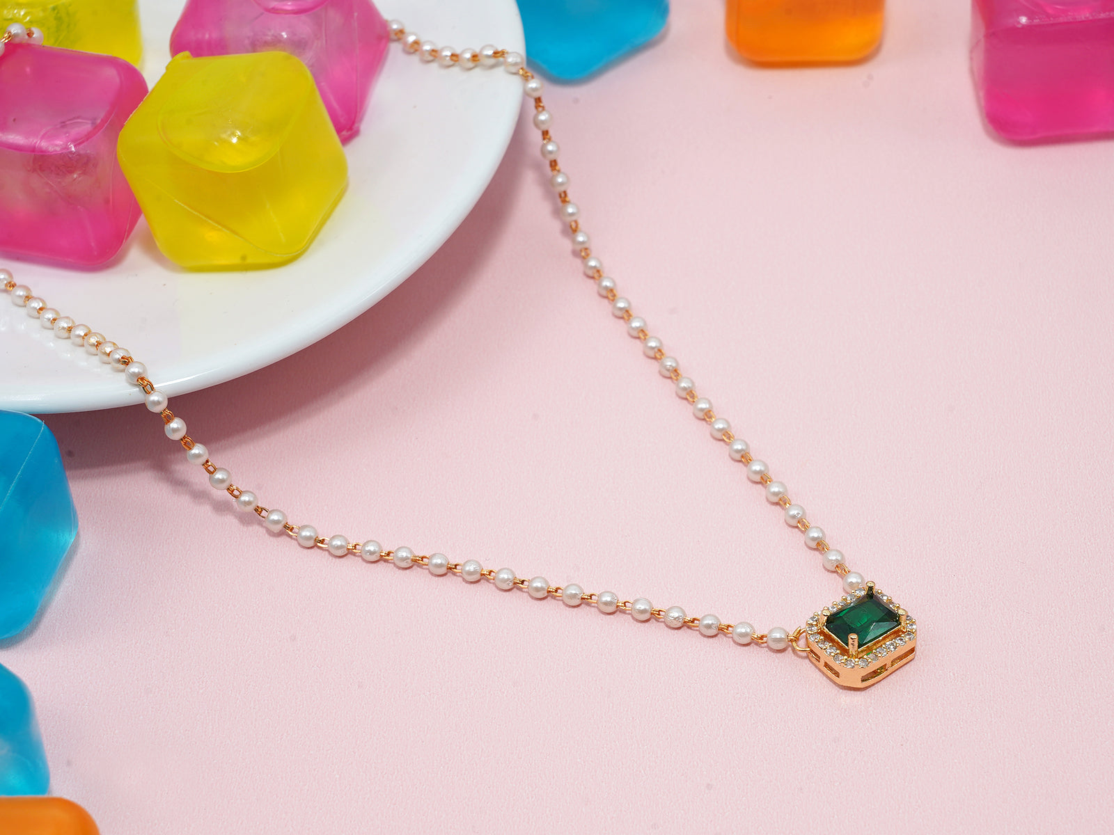 JHB Ruby Diamond Pearl Chain short Length green stone Traditional Necklace for women