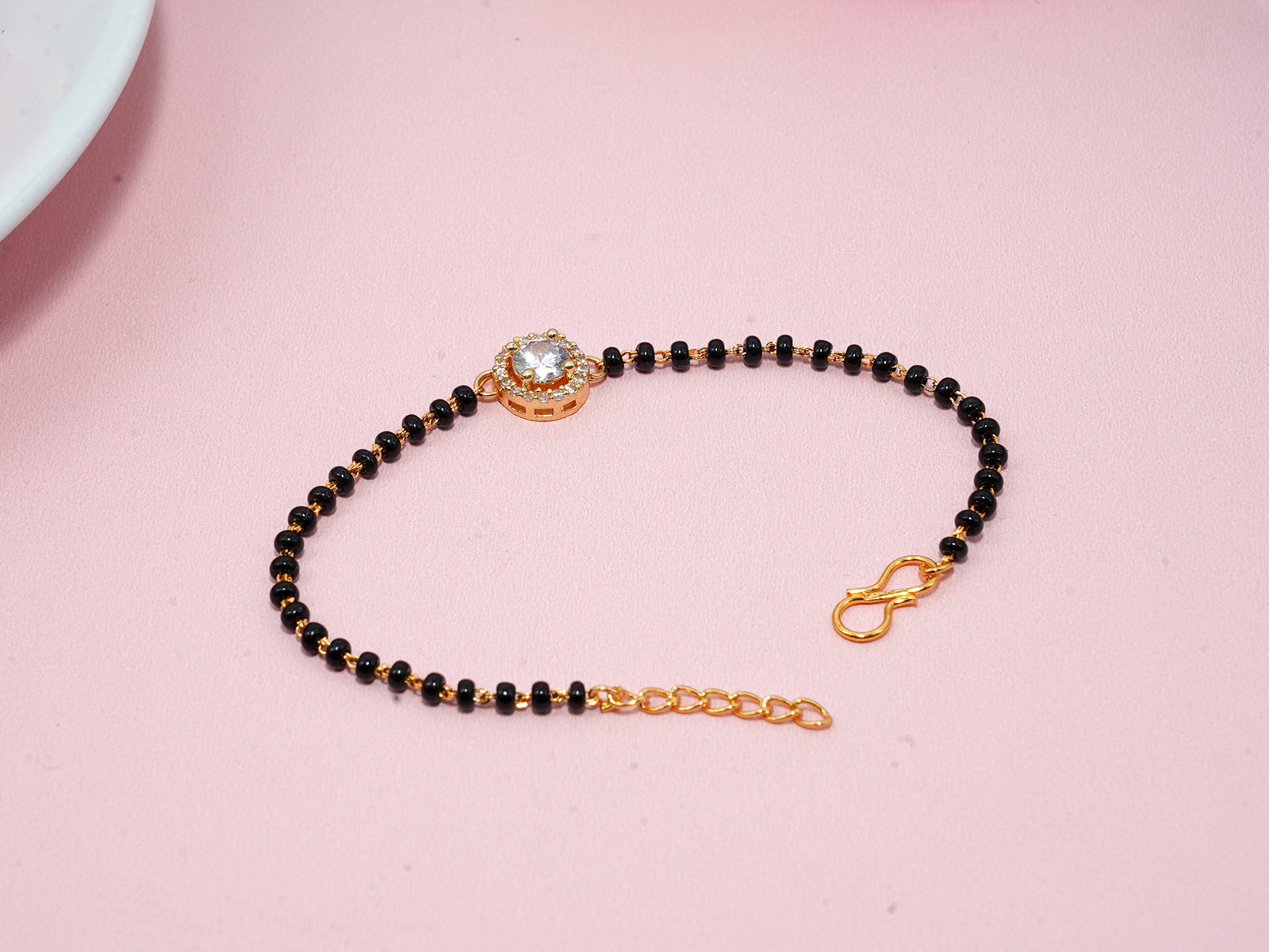 JHB American Diamond Single Boll and Cubic Zirconia Mangalsutra Bracelet Black Bead Bracelet For Women's