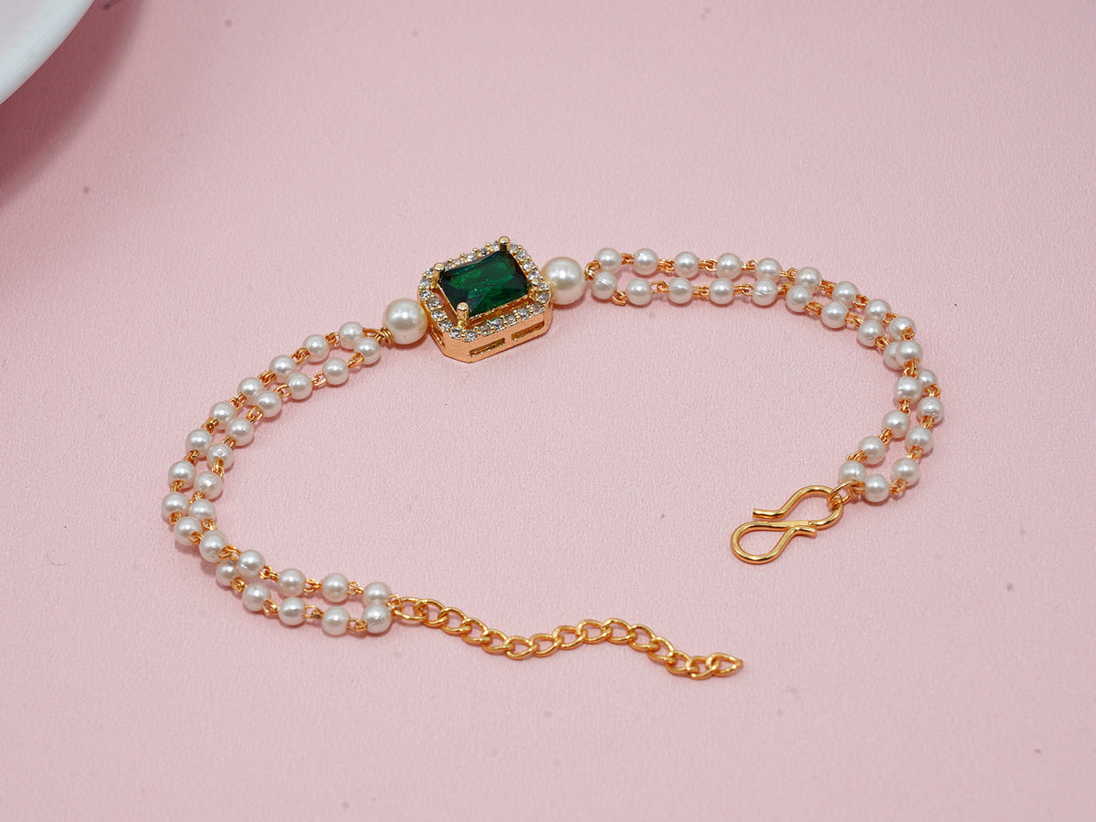 JHB Ruby Green Diamond Single Boll and Cubic Zirconia Pearl Bracelet For Women's and Girl's