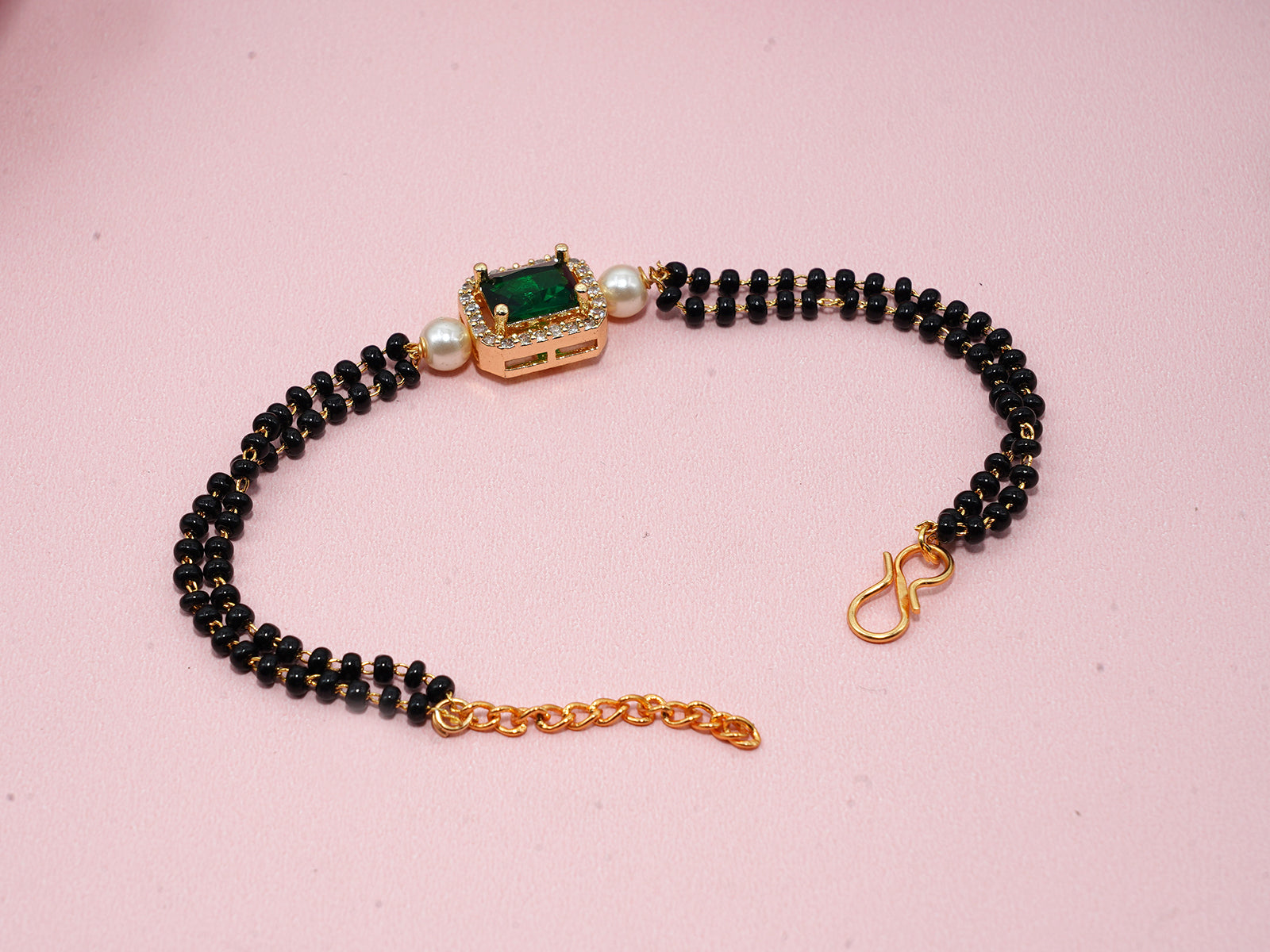 JHB Ruby Green Diamond Single Boll and Cubic Zirconia Mangalsutra Bracelet Black Bead Bracelet For Women's