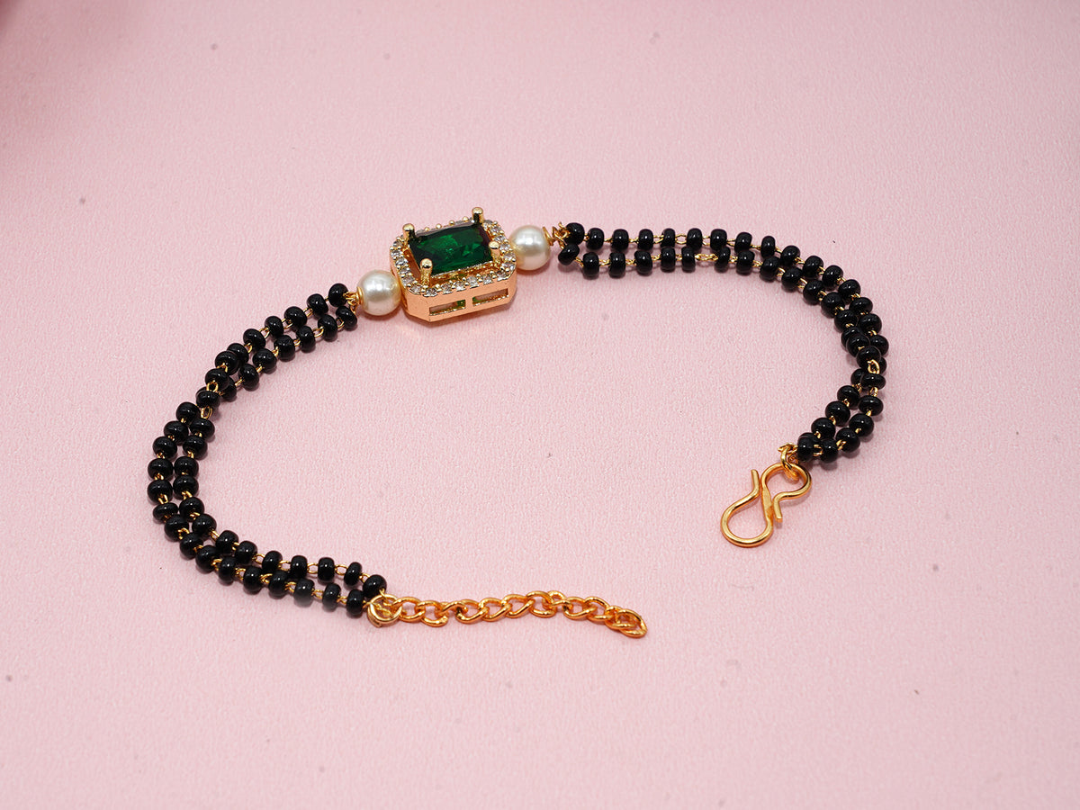 JHB Ruby Green Diamond Single Boll and Cubic Zirconia Mangalsutra Bracelet Black Bead Bracelet For Women's
