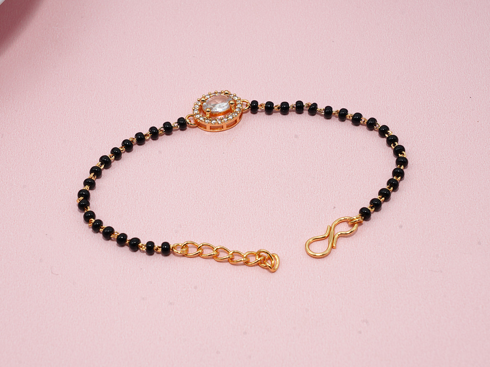 JHB American Diamond Single Boll and Cubic Zirconia Mangalsutra Bracelet Black Bead Bracelet For Women's
