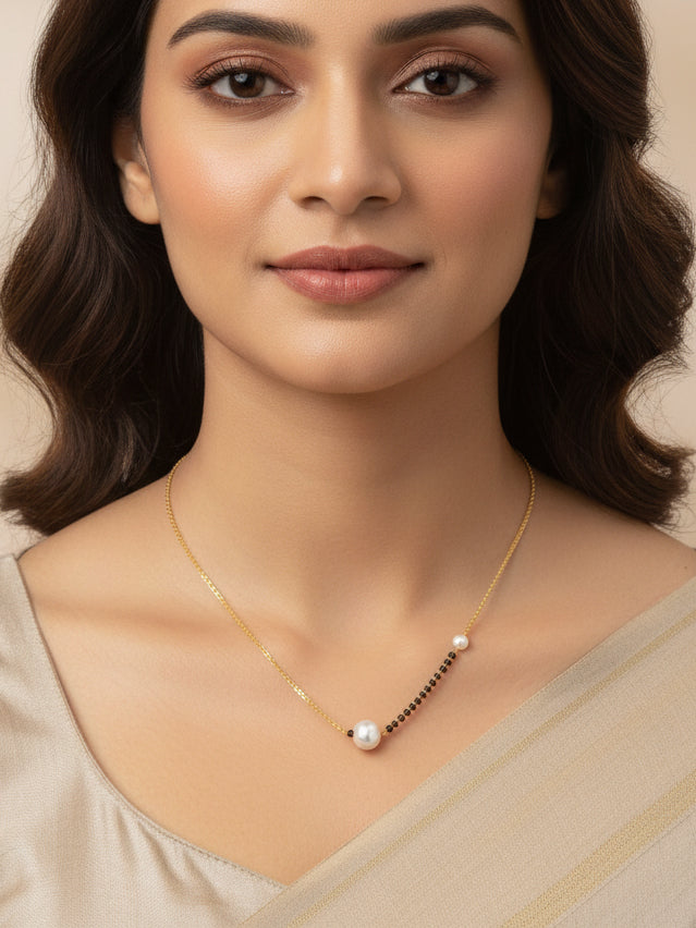 JHB Pearl and Black bead Gold Plated Short Mangalsutra For Women