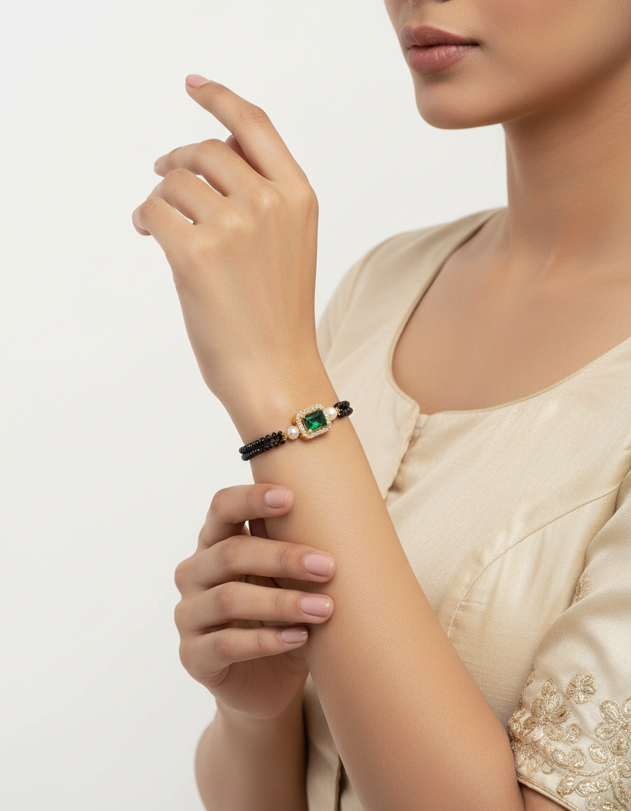JHB Ruby Green Diamond Single Boll and Cubic Zirconia Mangalsutra Bracelet Black Bead Bracelet For Women's