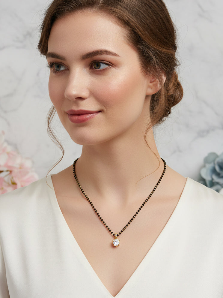 JHB AD Pendant Gift Set |Rakhi Rakshabandhan Gift for Sister Bhabhi, Gifts for Women & Girls | Mangalsutra With American Diamond, Traditional Black Bead Mangalsutra