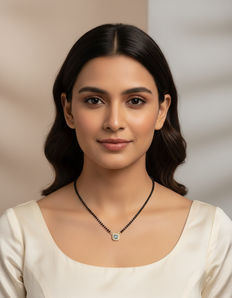 JHB American Diamond Pendant With Black Beads Chain Short Mangalsutra For Womens
