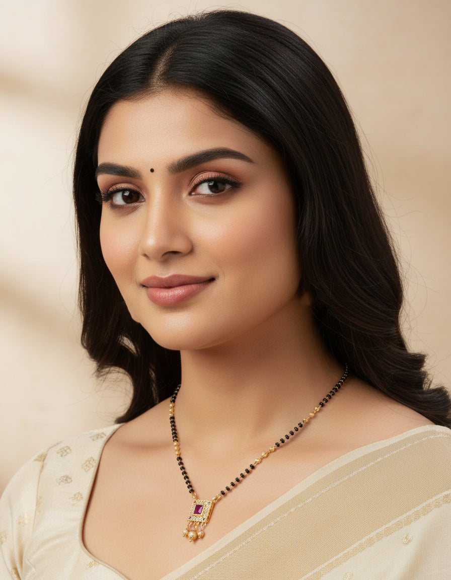 JHB Diamond Mangalsutra With Chain short Length ruby stone Traditional Black Bead Mangalsutra for women
