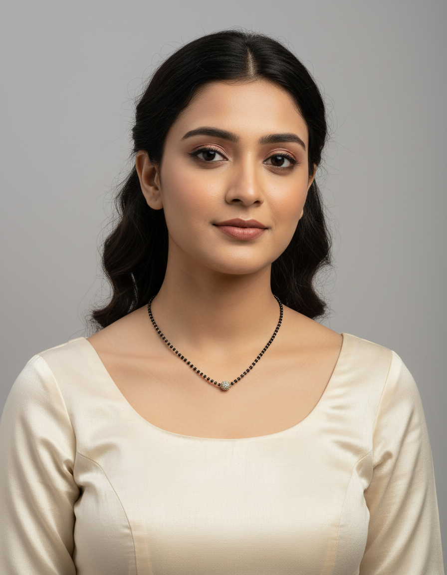 JHB Single Diamond Boll Pendant With Black Beads Chain Short Mangalsutra For Women's