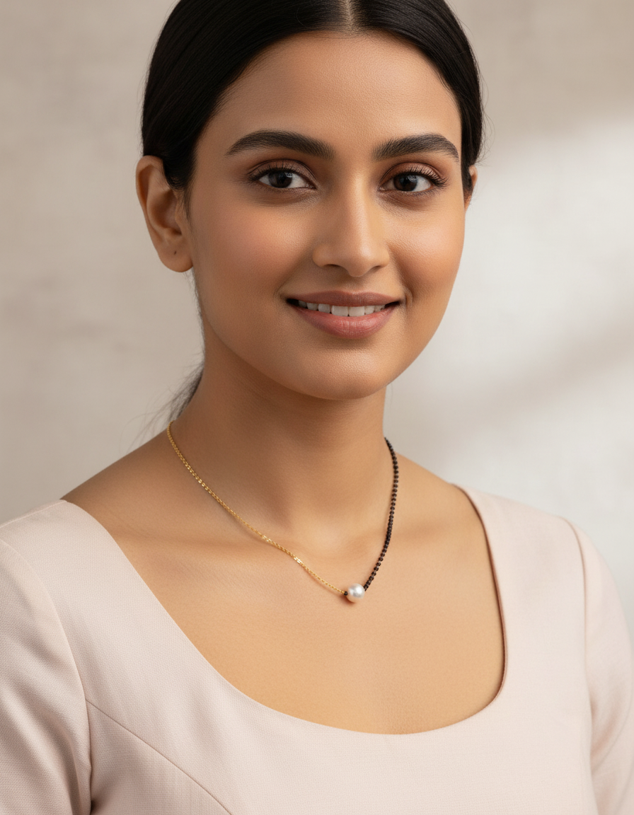 JHB Pearl and Black bead Gold Plated Short Mangalsutra For Women