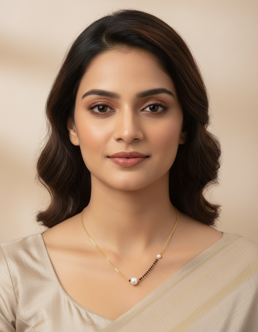 JHB Pearl and Black bead Gold Plated Short Mangalsutra For Women