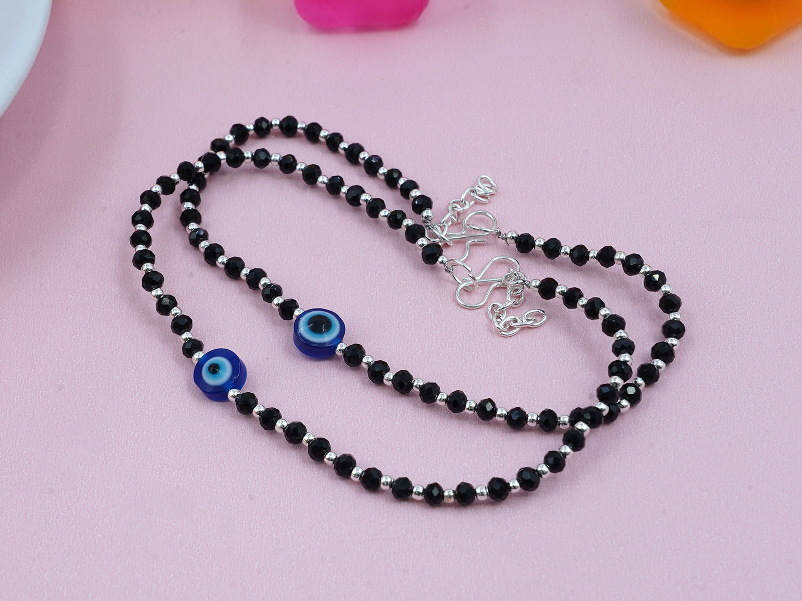JHB Latest Trend Brass Metal Evil Eye Charm Nazariya Payal (Anklet) | Black & Silver Beads (Crystal) | Stylish Anklet for Girls and Women