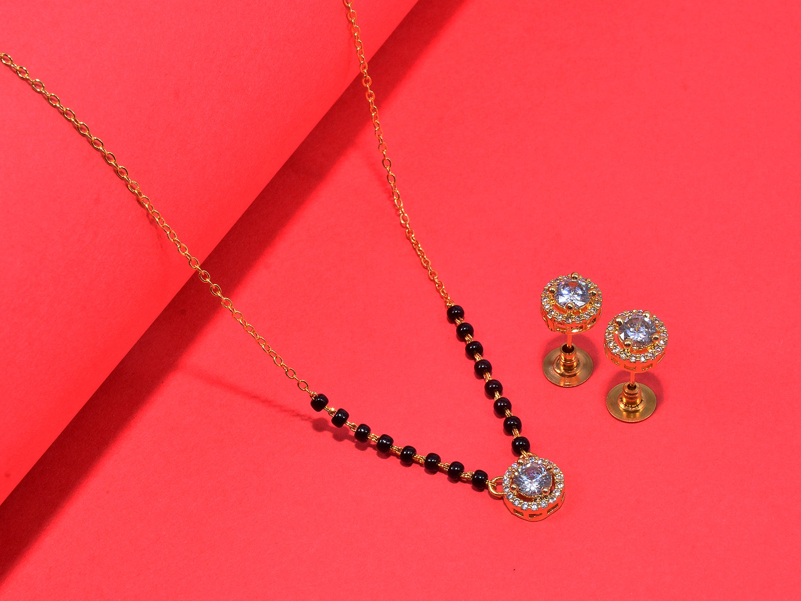 JHB AD Pendant Gift Set |Rakhi Rakshabandhan Gift for Sister Bhabhi, Gifts for Women & Girls | Mangalsutra With American Diamond, Traditional Black Bead Mangalsutra