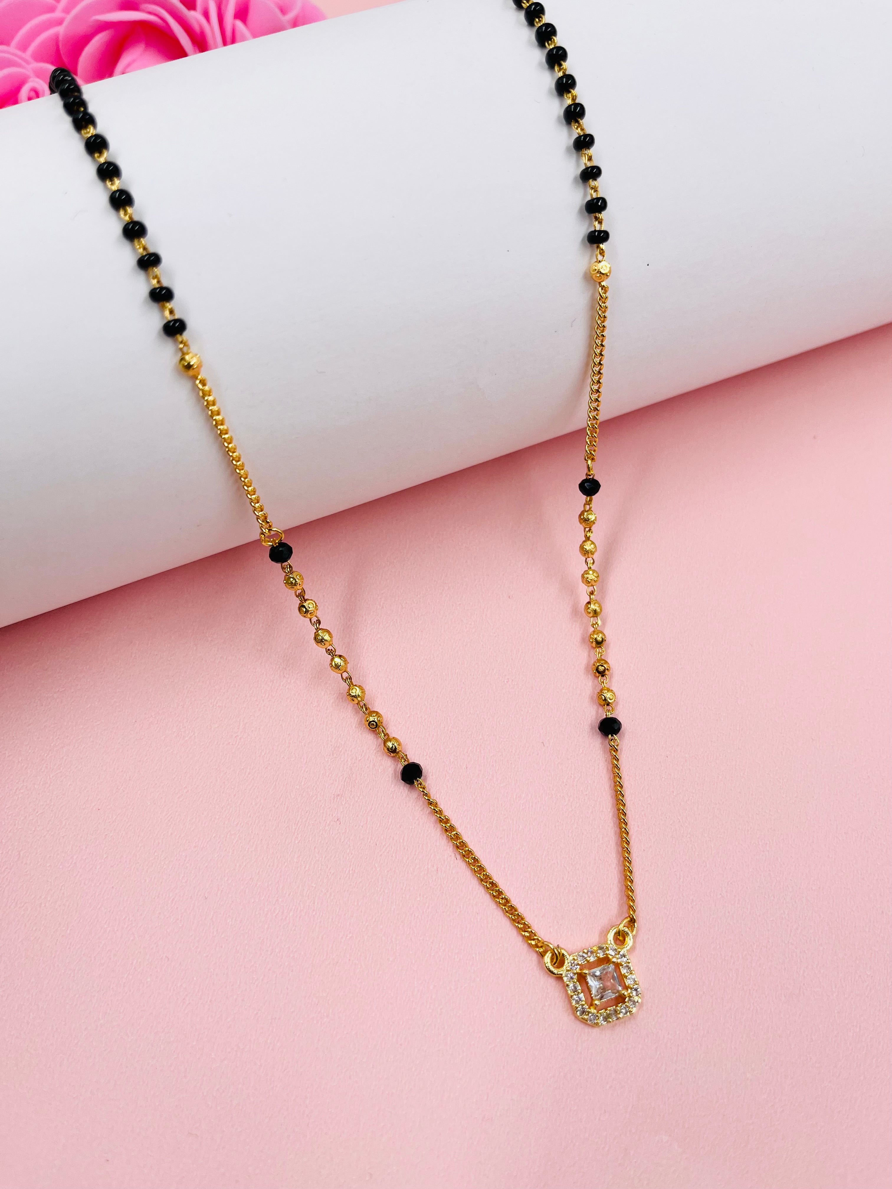 JHB American Diamond Pendant With Black Beads Chain Short Mangalsutra Tanmaniya For Womens