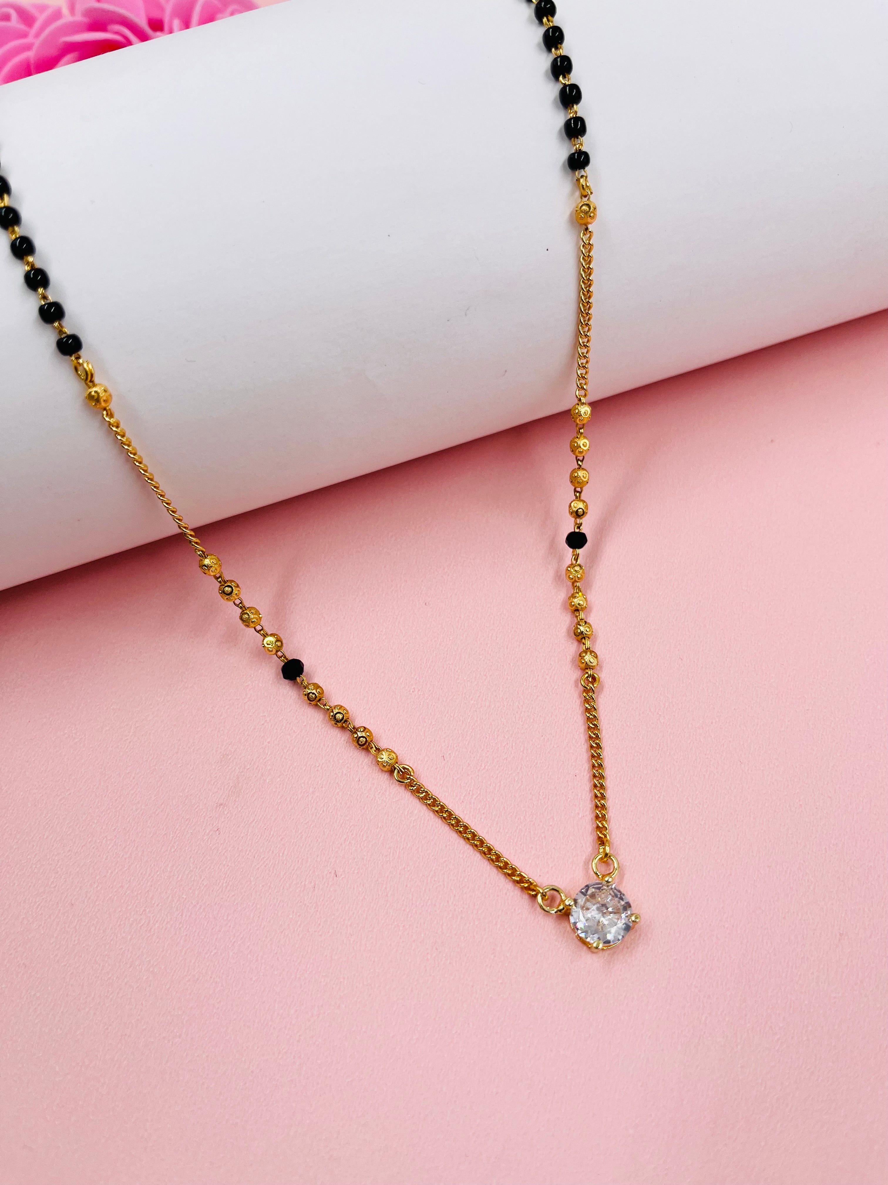 JHB American Diamond Pendant With Black Beads Chain Short Mangalsutra Tanmaniya For Womens