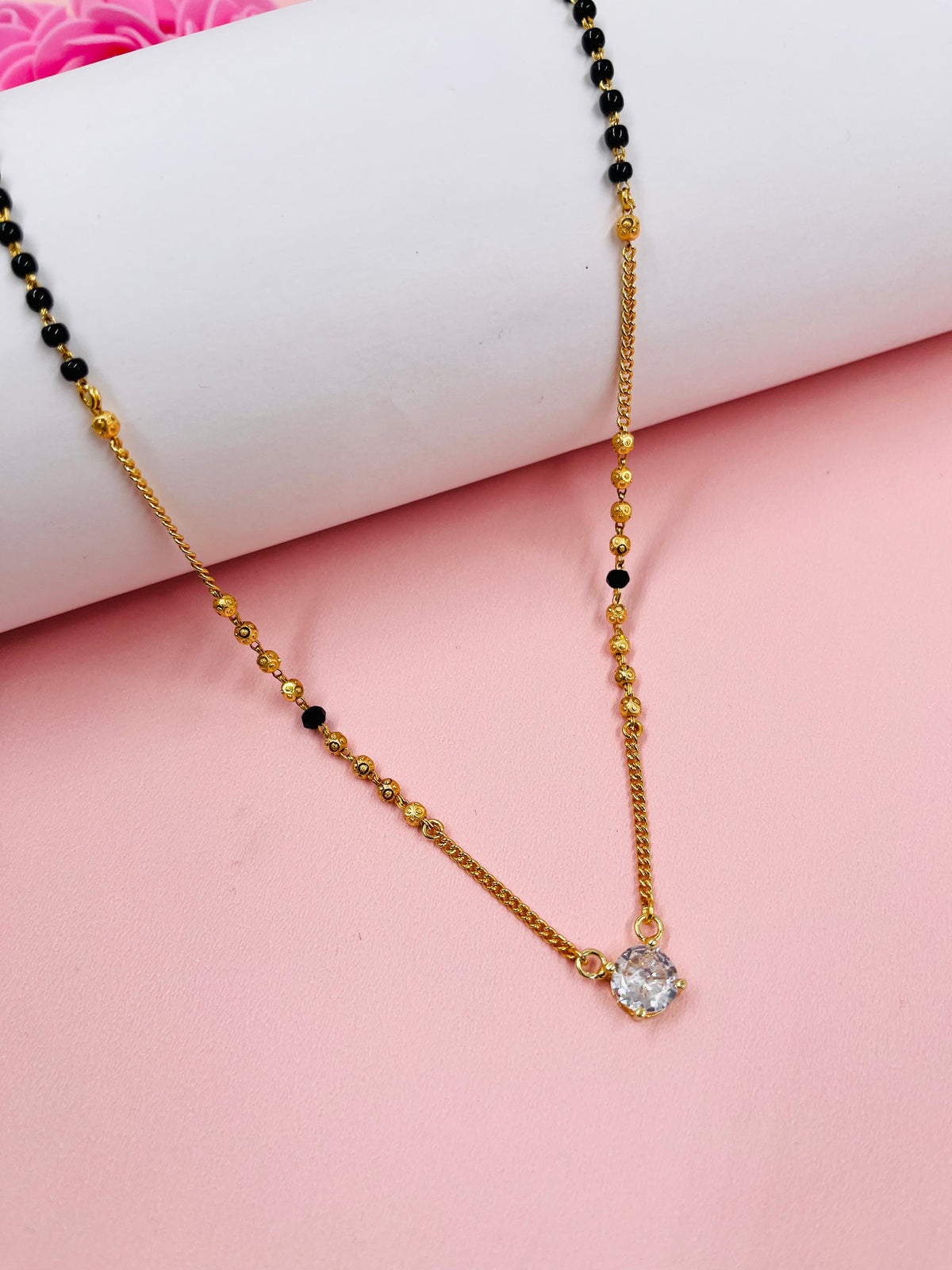 JHB American Diamond Pendant With Black Beads Chain Short Mangalsutra Tanmaniya For Womens