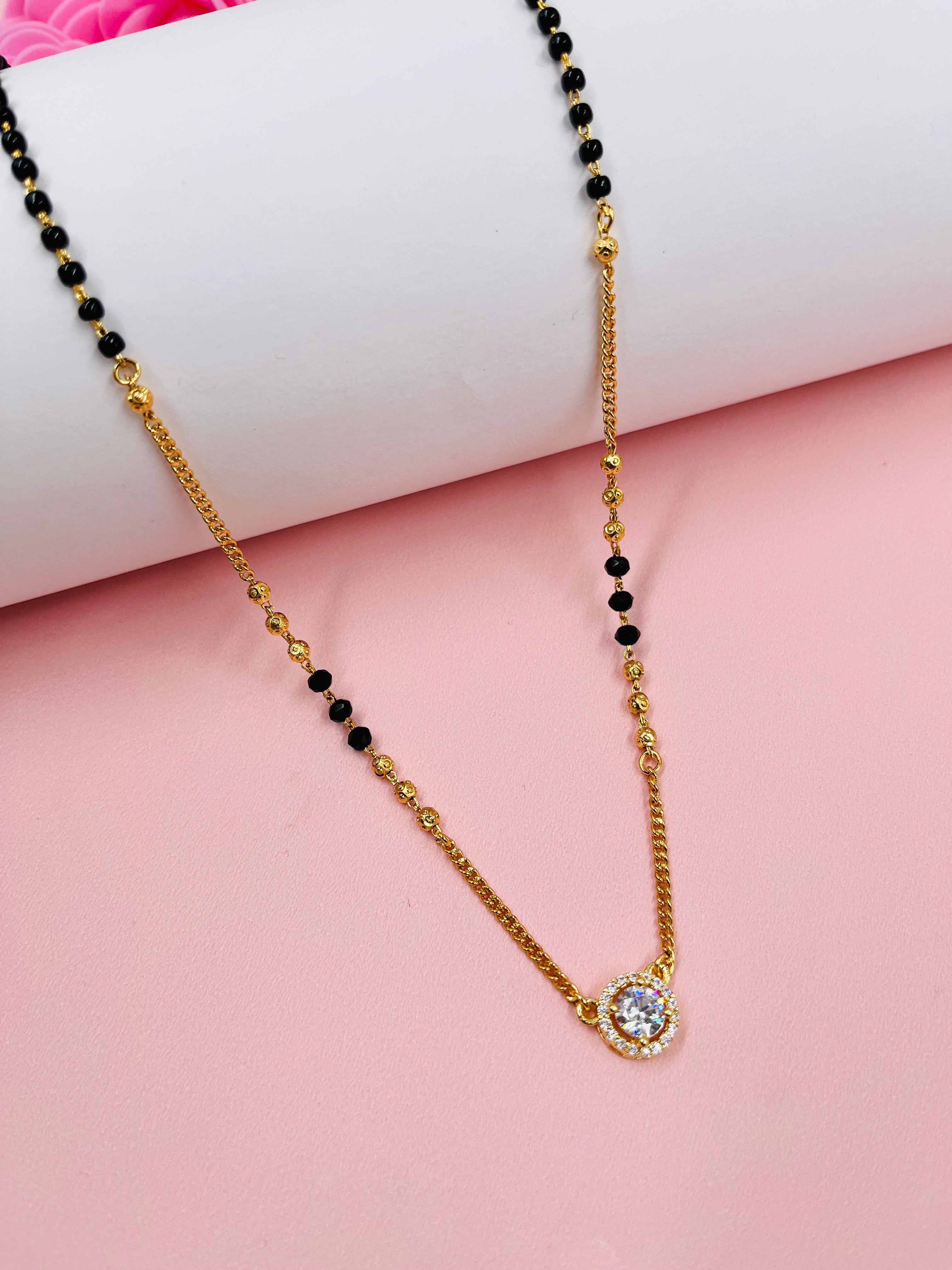 JHB American Diamond Pendant With Black Beads Chain Short Mangalsutra Tanmaniya For Womens