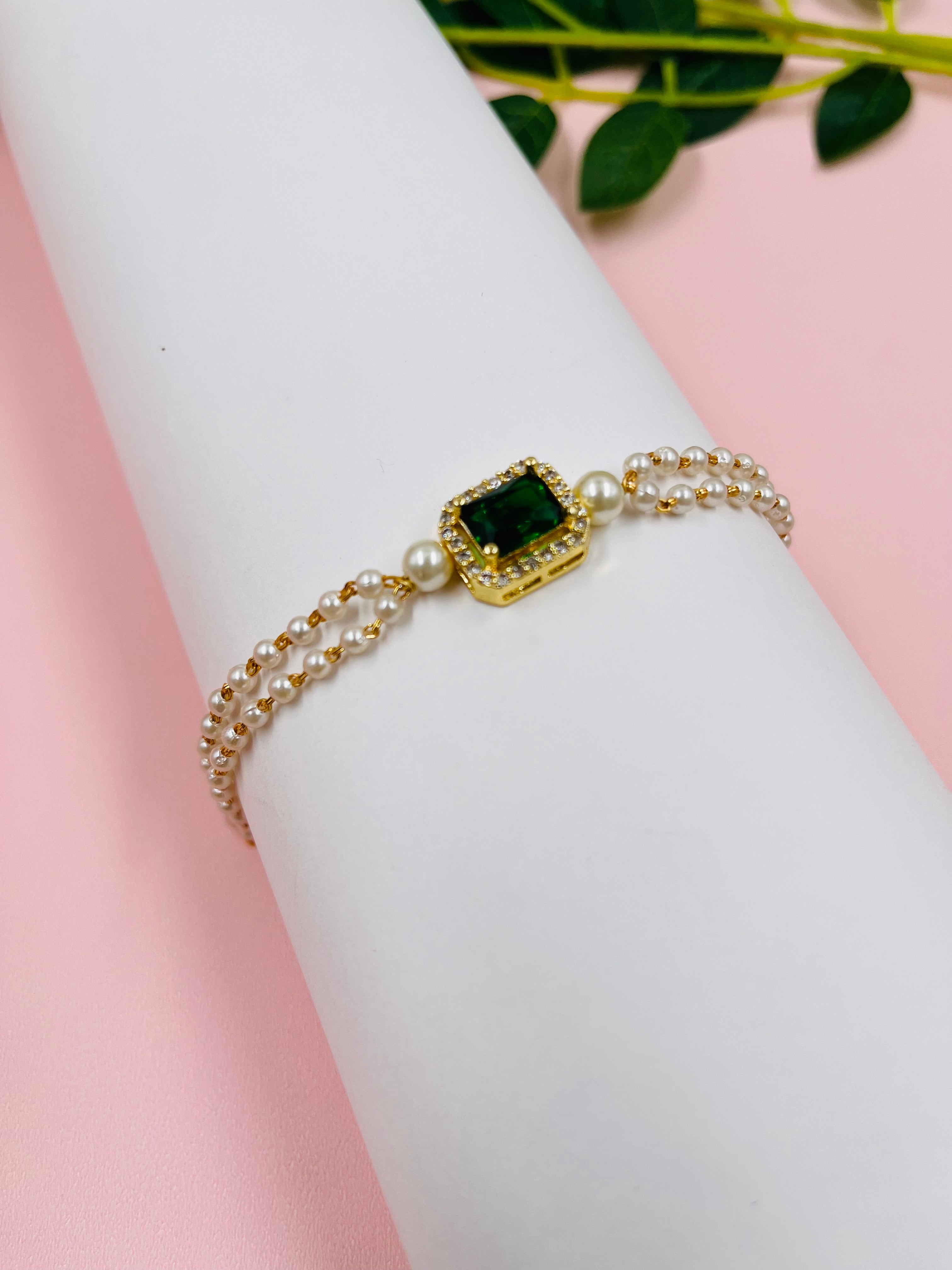 JHB Ruby Green Diamond Single Boll and Cubic Zirconia Pearl Bracelet For Women's and Girl's