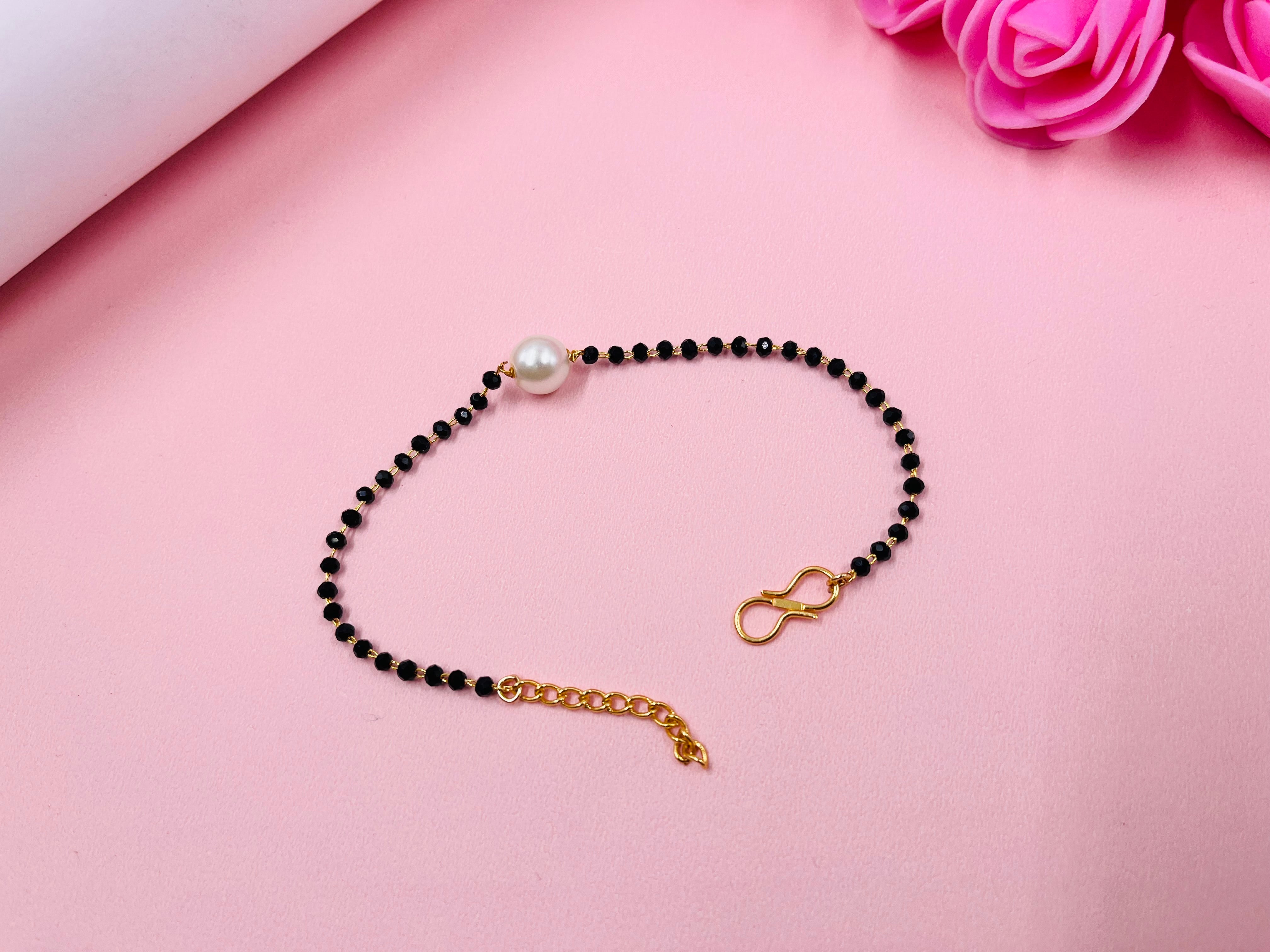 JHB Single Pearl Boll Bracelet Black Crystal Hand Mangalsutra Bracelet For Women's