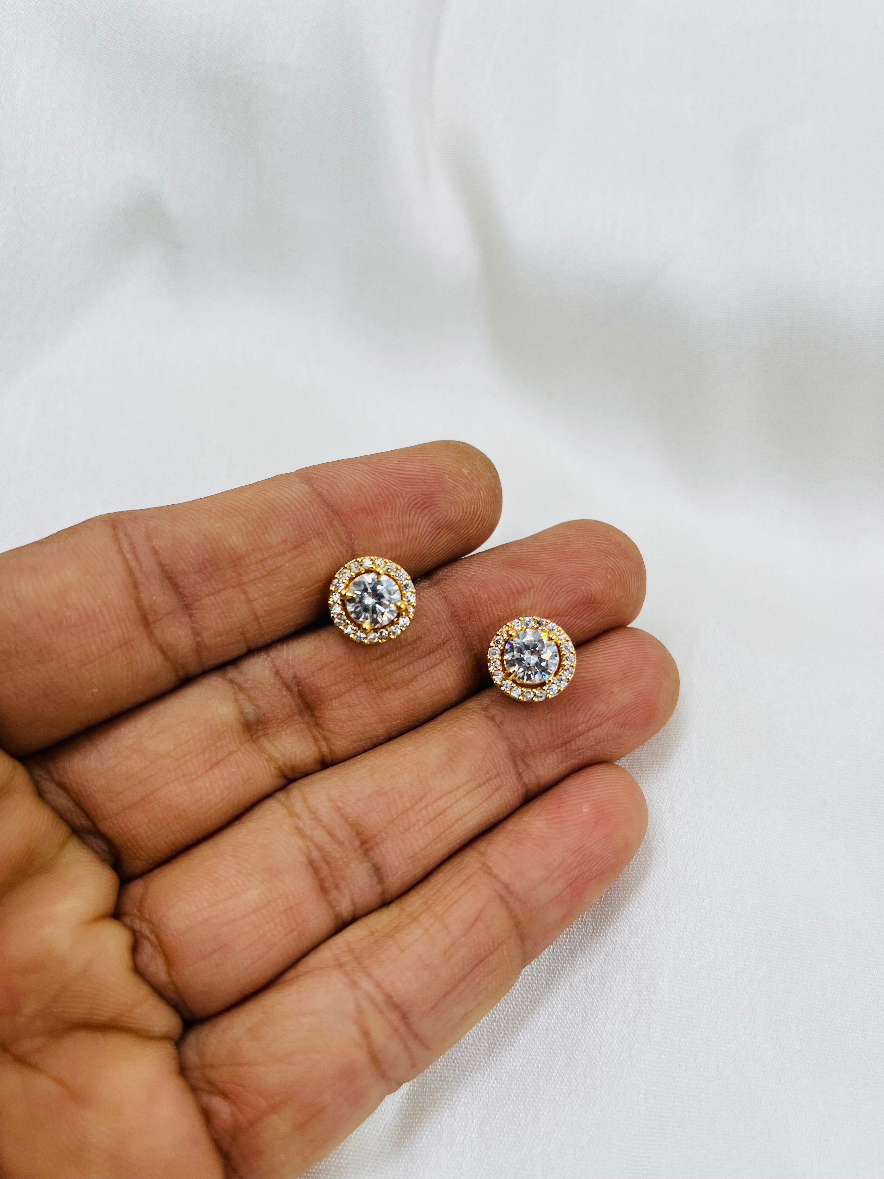 JHB Princess Cut Cubic Zirconia Stud Earrings, Gold Plated, Crystal Clear for Women or Girls