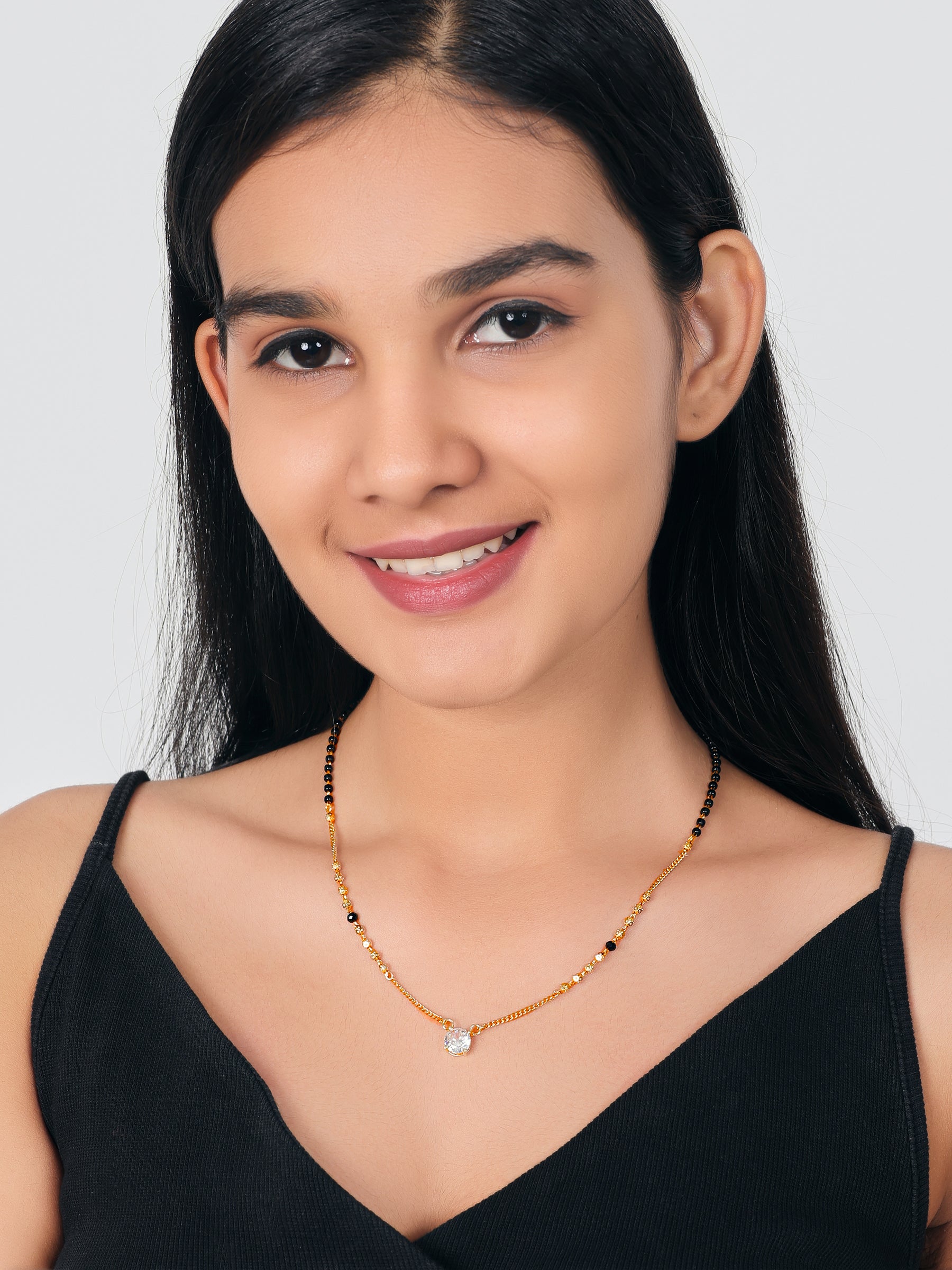 JHB American Diamond Pendant With Black Beads Chain Short Mangalsutra Tanmaniya For Womens