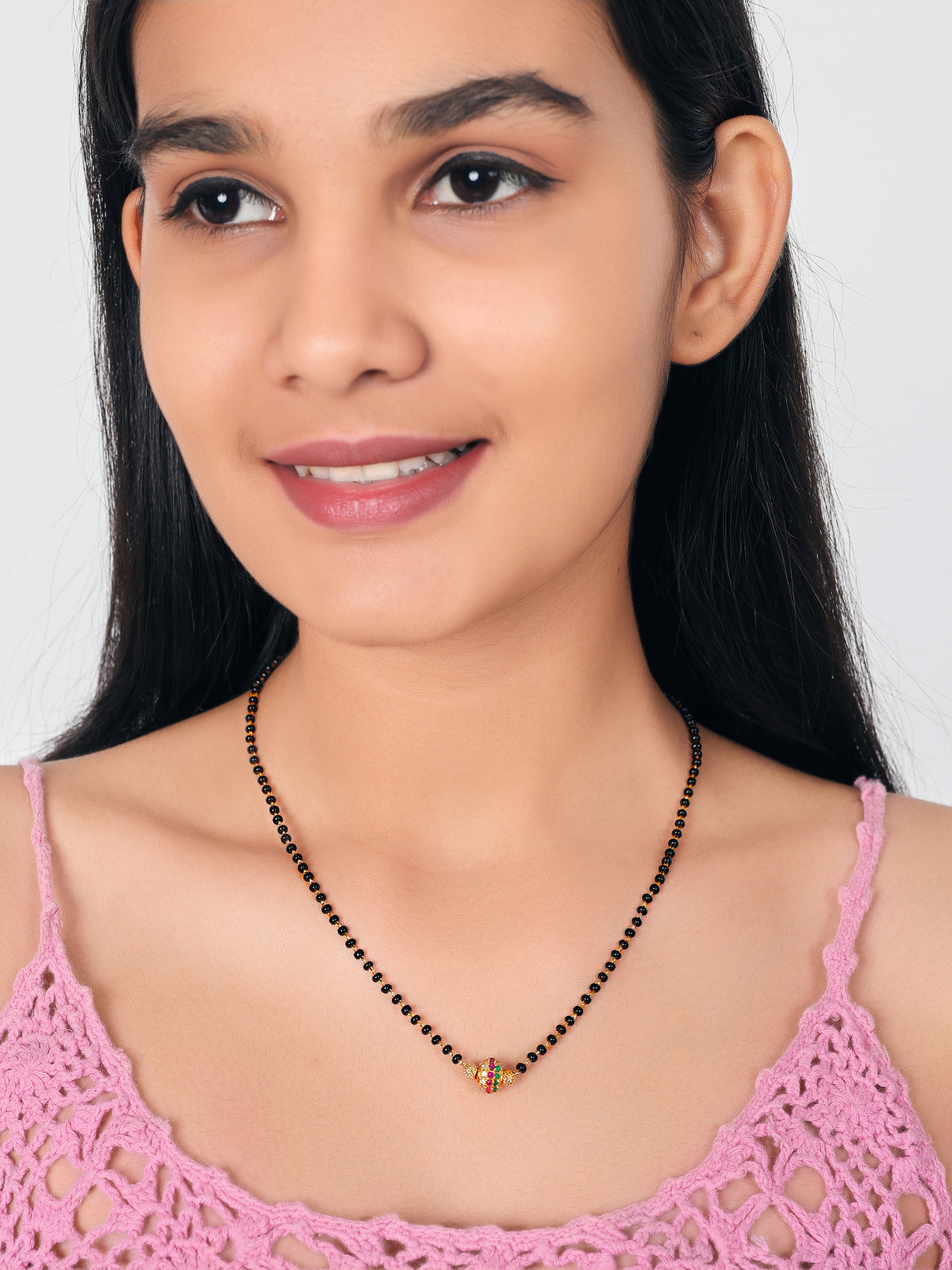 JHB Ruby Diamond Pendant With Black Beads Chain Short Mangalsutra For Womens