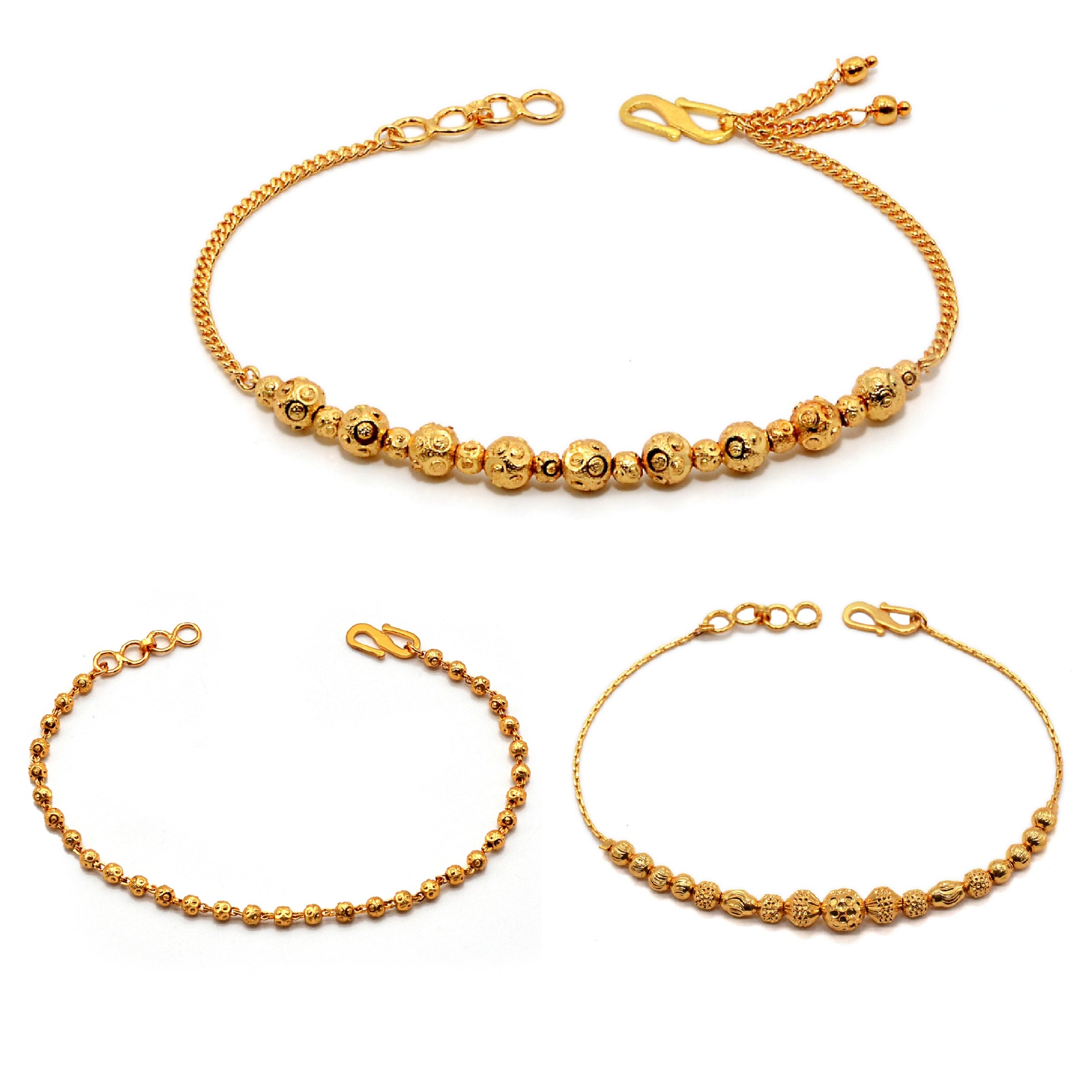 JHB Golden Gold-Plated Brass Bracelet 3 pis Combo for Women And Girl's (3 Pis Golden Bracelet)